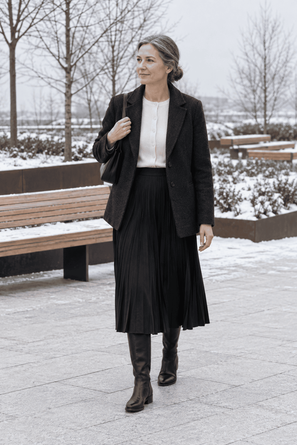 elegant winter outfit for women over 50: dark charcoal short wool coat over a cream buttoned cardigan, black pleated midi skirt and tall black boots