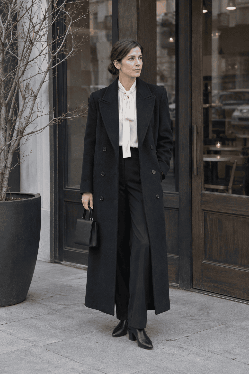 italian old money winter dinner outfit: long black double-breasted wool coat, ivory silk tie-neck blouse, black straight wool trousers and black pointed leather booties
