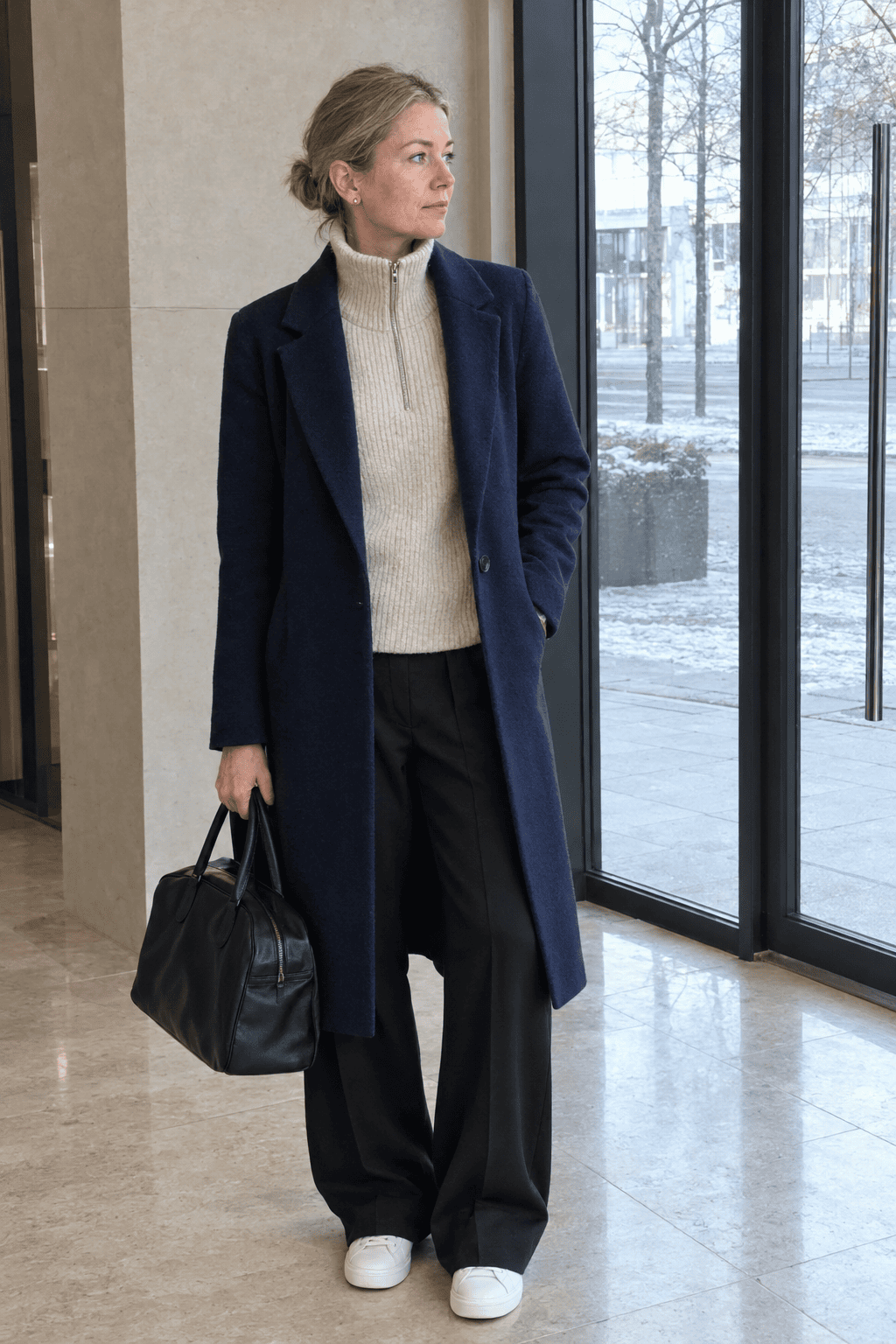 travel day winter outfit for women over 40: navy tailored wool coat, oat merino half-zip sweater, black wide-leg ponte trousers and white leather sneakers