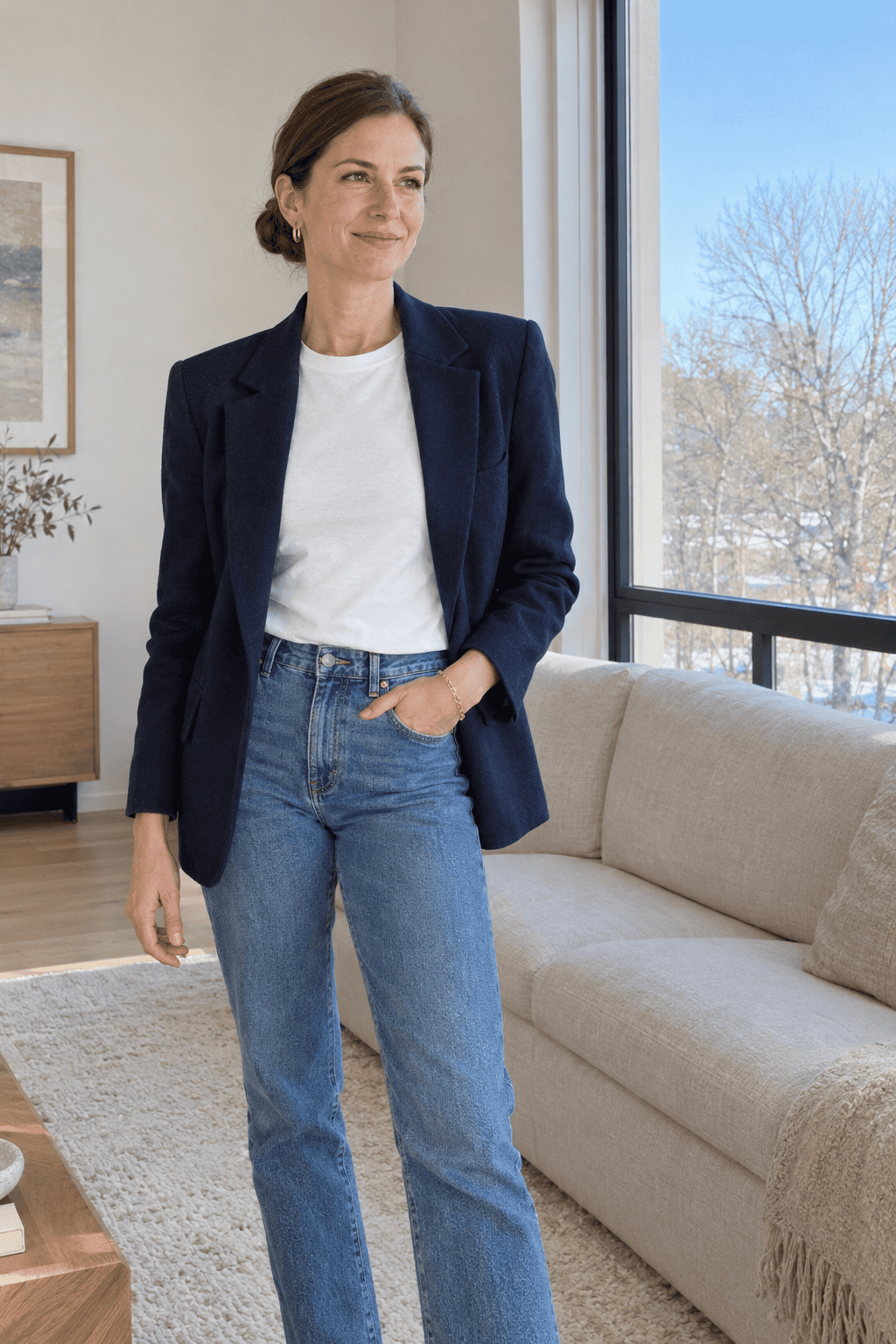 woman wearing a white heavyweight cotton crew neck t-shirt, a capsule wardrobe basic that keeps its shape