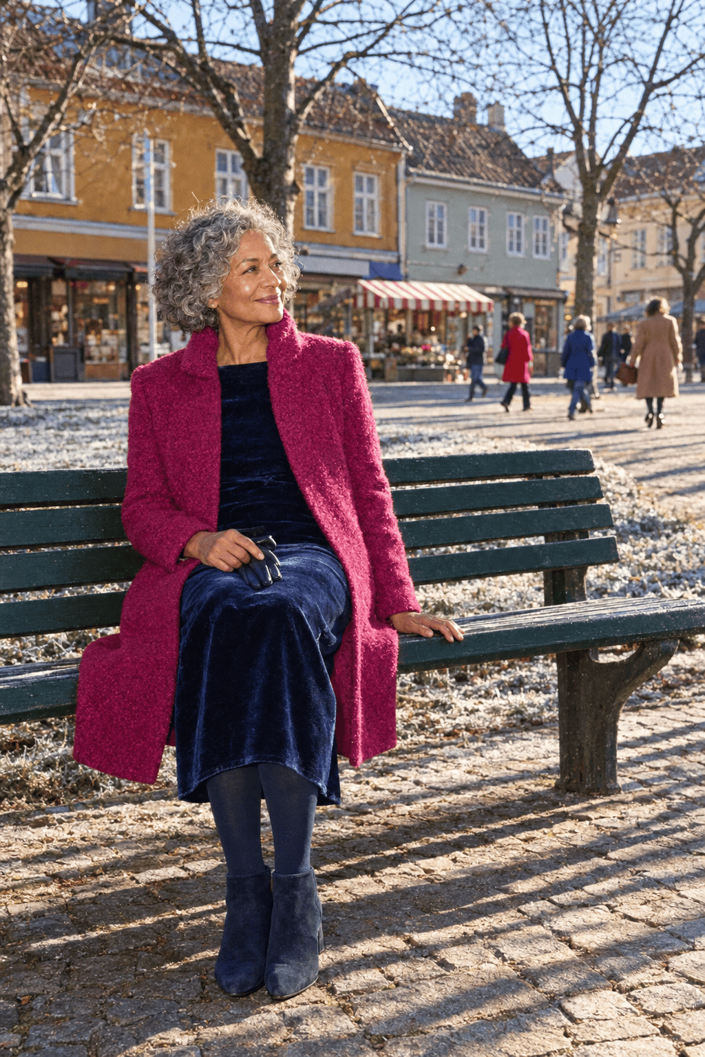 winter milestone birthday outfit for a woman in her 70s: fuchsia-raspberry wool funnel-neck coat over a navy velvet midi dress with navy suede block-heel ankle boots