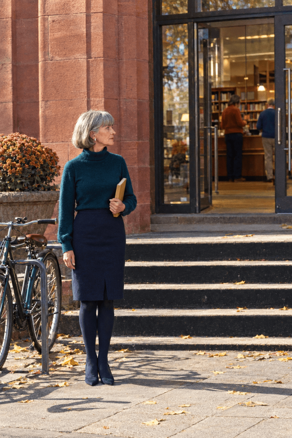petite fall dinner outfit for women over 70: midnight teal roll-neck sweater tucked into an ink navy knee-length pencil skirt with navy tights and navy suede block-heel pumps