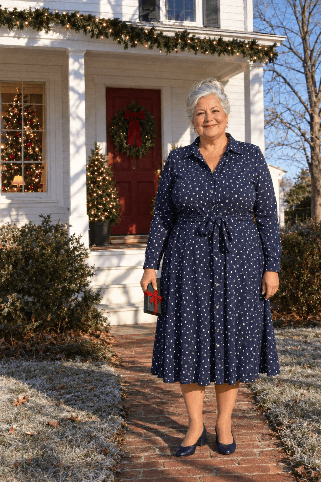 elegant plus size Christmas outfit for a woman in her 70s: navy long-sleeve midi shirt dress with a white painted dot and tie waist, navy block-heel pumps