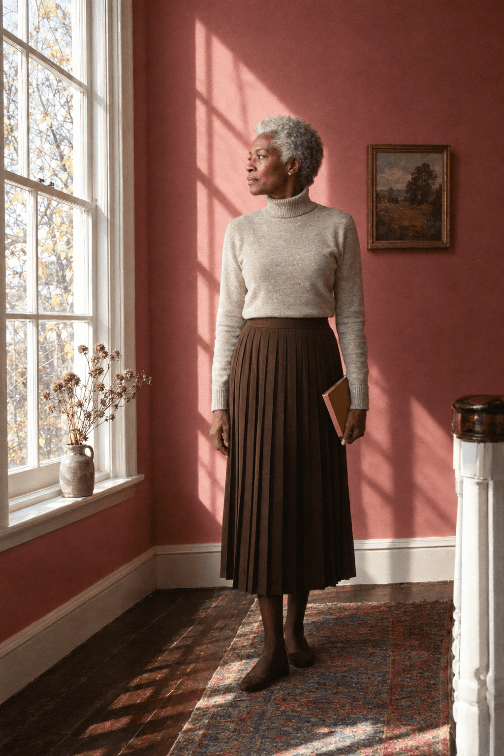 polished church outfit for a woman in her 70s under $200: oatmeal merino turtleneck, chocolate brown pleated midi skirt and dark brown suede ballet flats