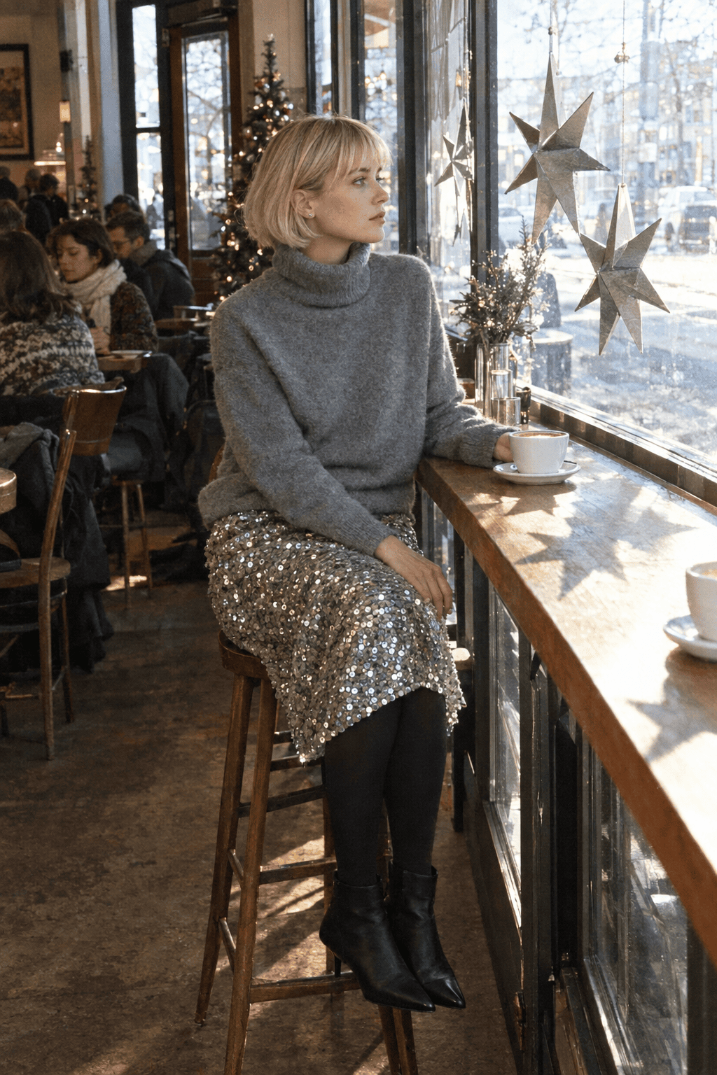 christmas party outfit with a little sparkle: silver sequin midi skirt, grey cashmere turtleneck and black pointed-toe ankle boots
