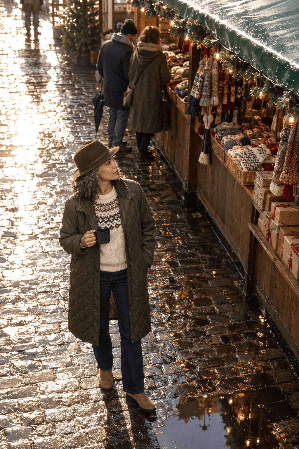 rainy day christmas market outfit with a long dark olive quilted coat, cream Fair Isle sweater, dark jeans and tan suede waterproof chelsea boots