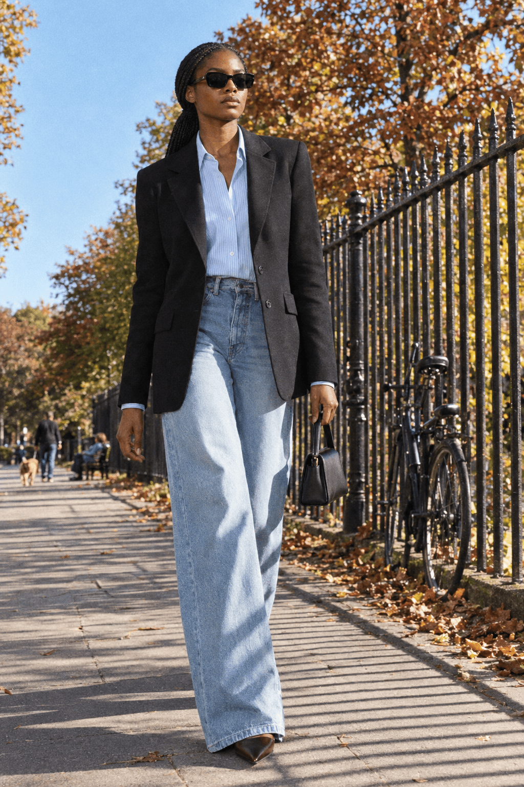 Massimo Dutti sizing review: tall woman in a black wool blazer and full-length wide-leg jeans