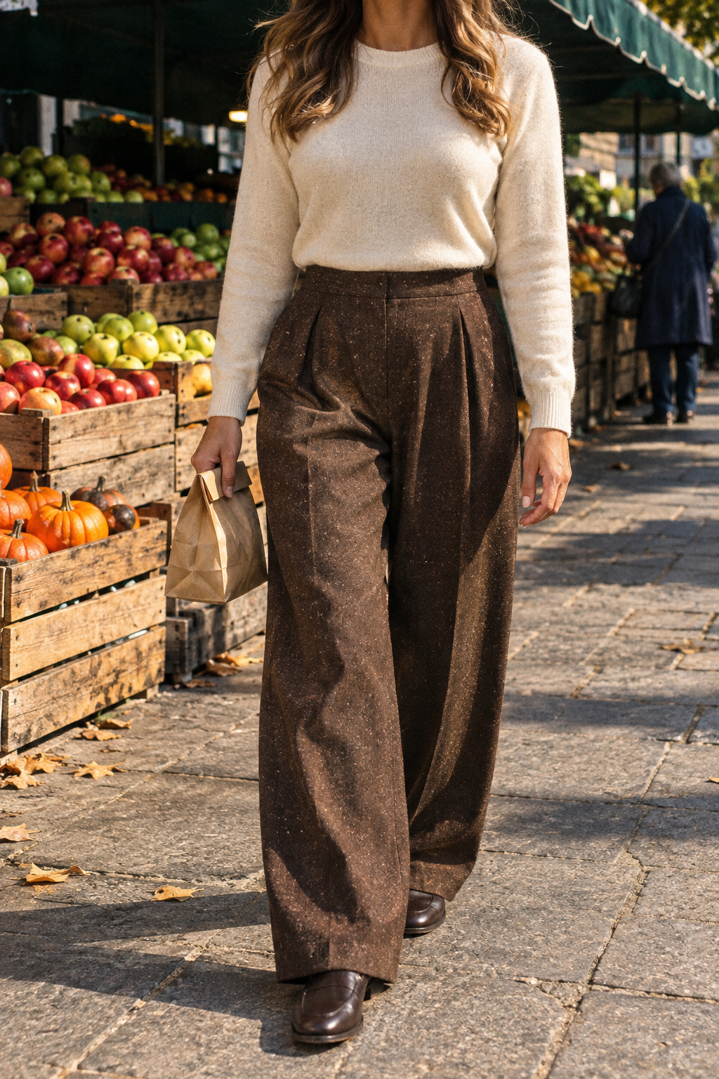 Old money clothing brands: ME+EM chocolate brown wide-leg pleated trousers with a cream knit