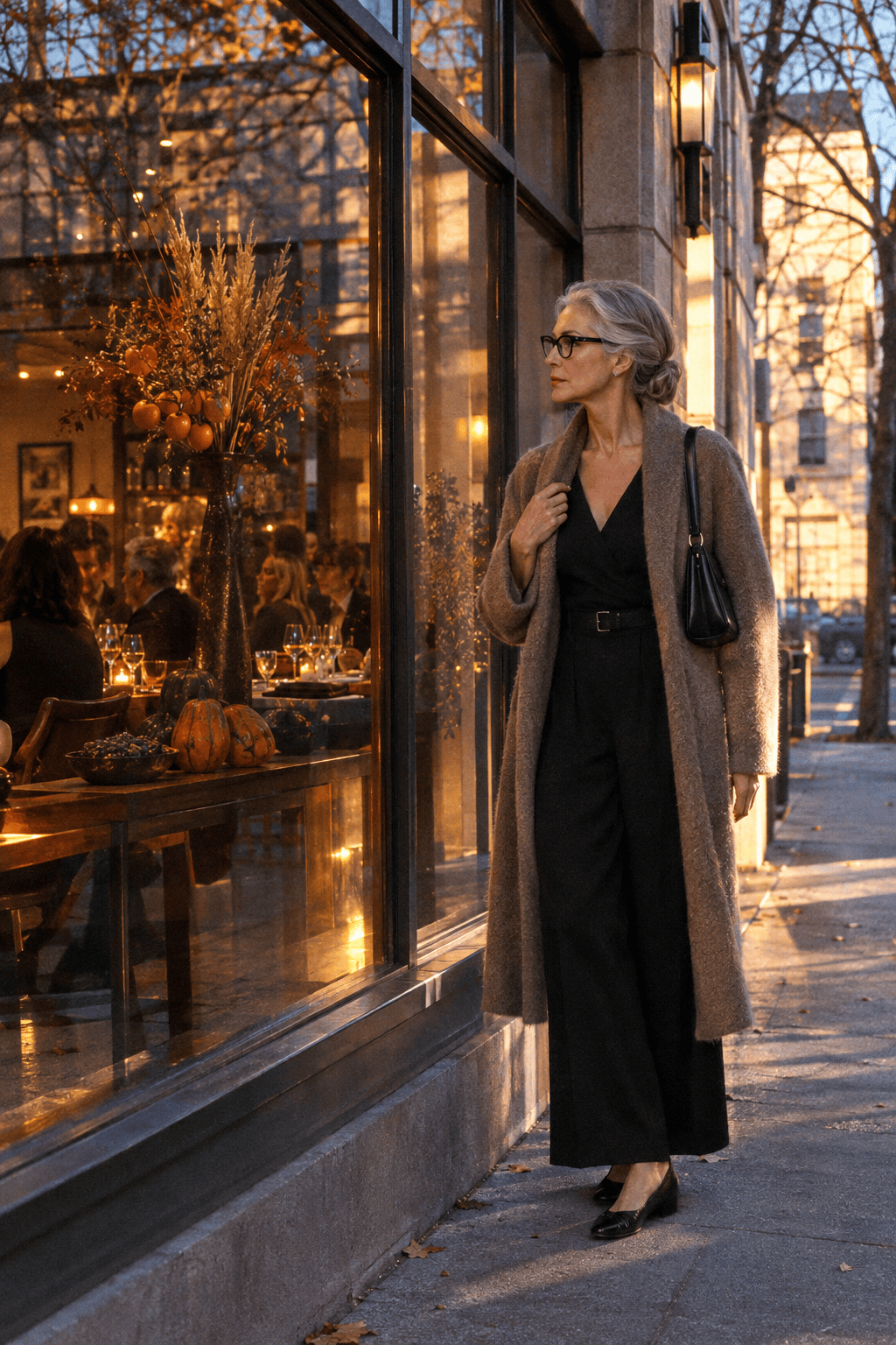 elegant thanksgiving outfit for women over 60: black tailored jumpsuit, taupe cashmere duster cardigan and ballet flats