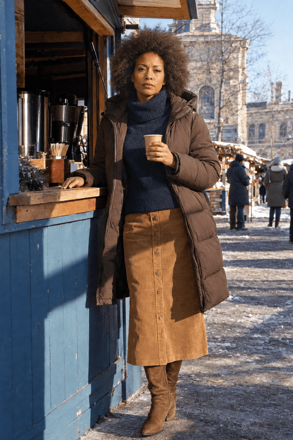 casual winter outfit: chocolate brown down parka worn open, navy roll neck sweater, gingerbread corduroy midi skirt and brown stretch boots