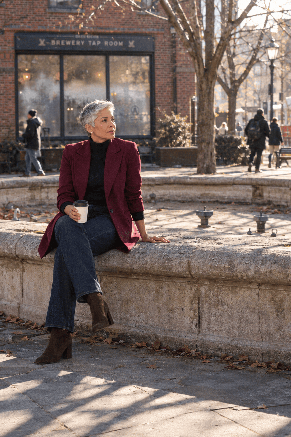 winter date night outfit: wine long blazer over a black cashmere turtleneck with dark indigo jeans and brown suede ankle booties