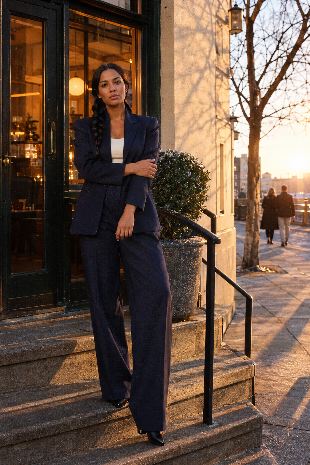 business dinner winter outfit: navy wool stand-collar blazer, navy trousers, ivory silk shell and black pointed pumps