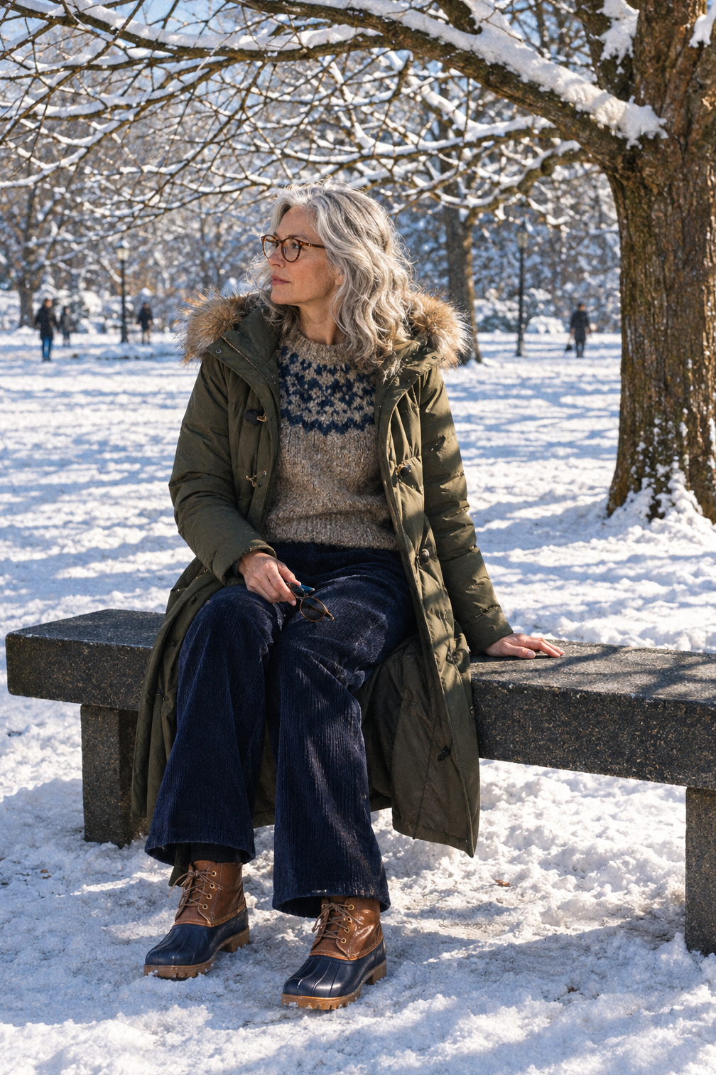snow outfits for women: olive green long hooded down duffle coat, taupe Fair Isle sweater, navy knit corduroy pants and hazelnut insulated duck boots in a snowy park