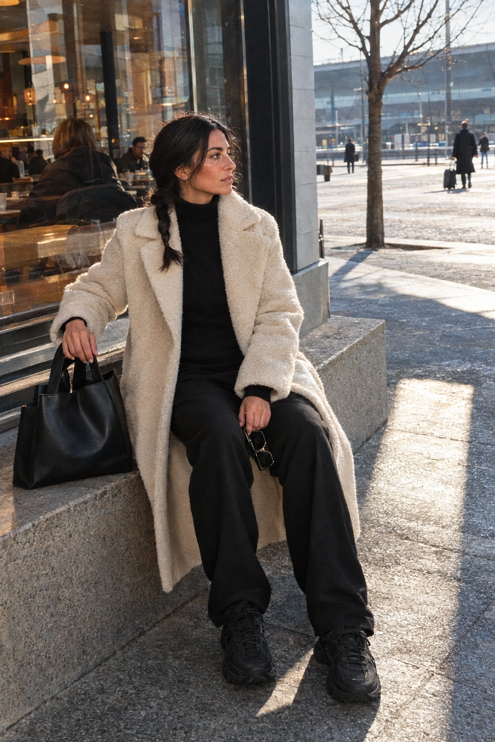 comfort-first winter airport outfit: cream teddy coat over a black knit pullover and wide-leg pant set with chunky black sneakers and a black leather tote