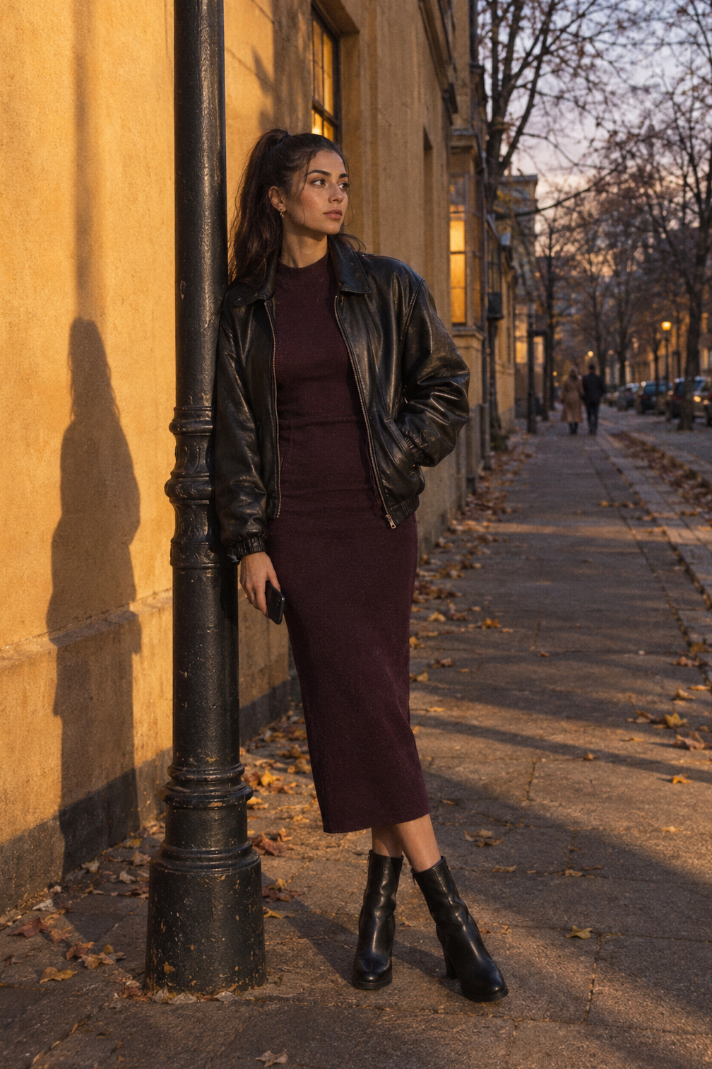 dinner party outfit ideas for guests: deep plum long-sleeve sheath midi dress with a black leather bomber jacket and black block-heel booties