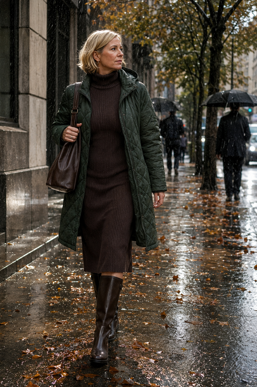 cold rainy commute outfit for work: forest green quilted parka, chocolate ribbed turtleneck midi dress and dark brown tall rain boots