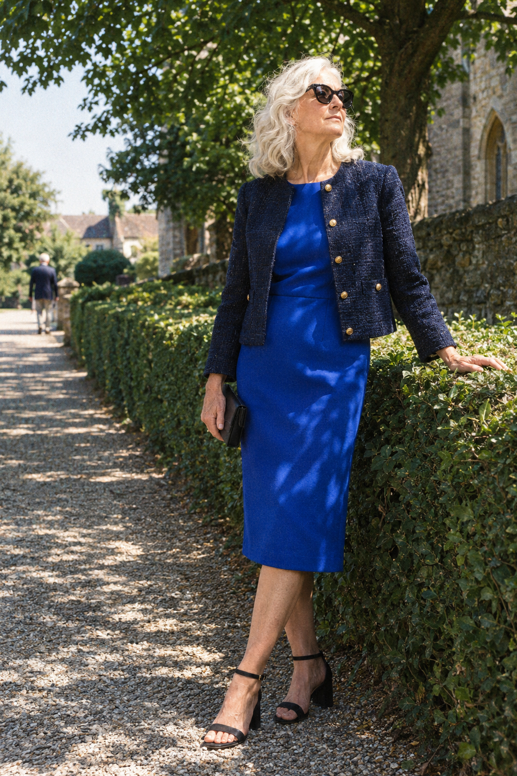 June outdoor mother of the groom outfit over 60: sodalite blue sleeved dress with navy tweed jacket with gold buttons and black block heel sandals