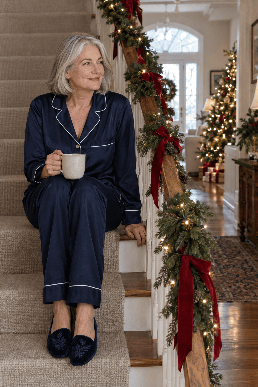 christmas morning outfit for women over 60: navy silk pajama set with white piping and navy embroidered velvet slippers, coffee by the tree