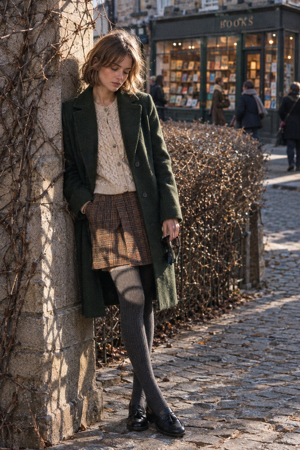 how to style black loafers in winter with a brown wool-blend check skirt, grey knee socks and a black tassel loafer