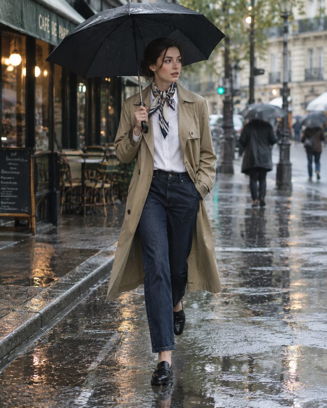 khaki trench coat over a white shirt with dark jeans, black loafers and a cream silk scarf on a wet Paris street