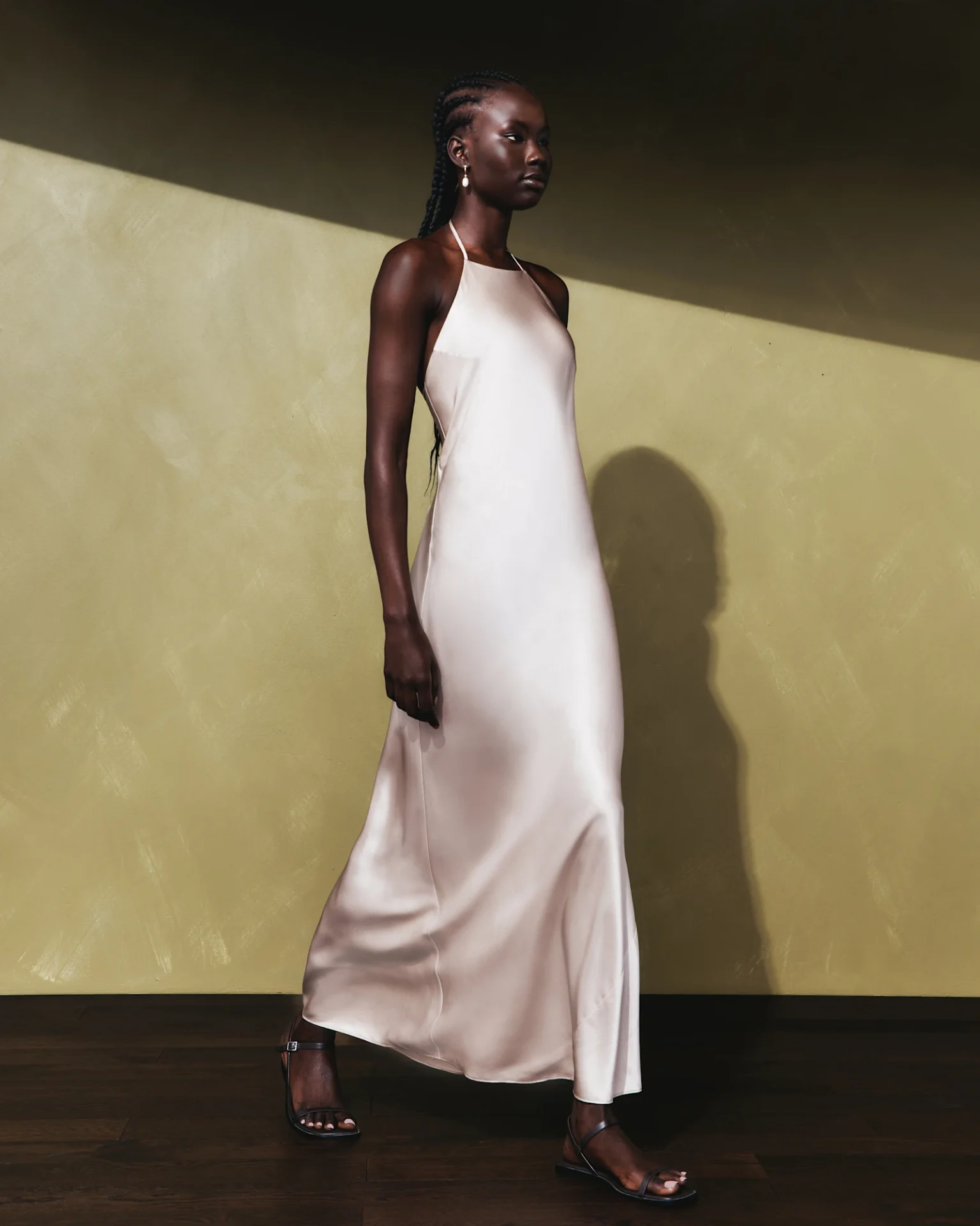 100% Washable Silk Halter Maxi Dress (Champagne)