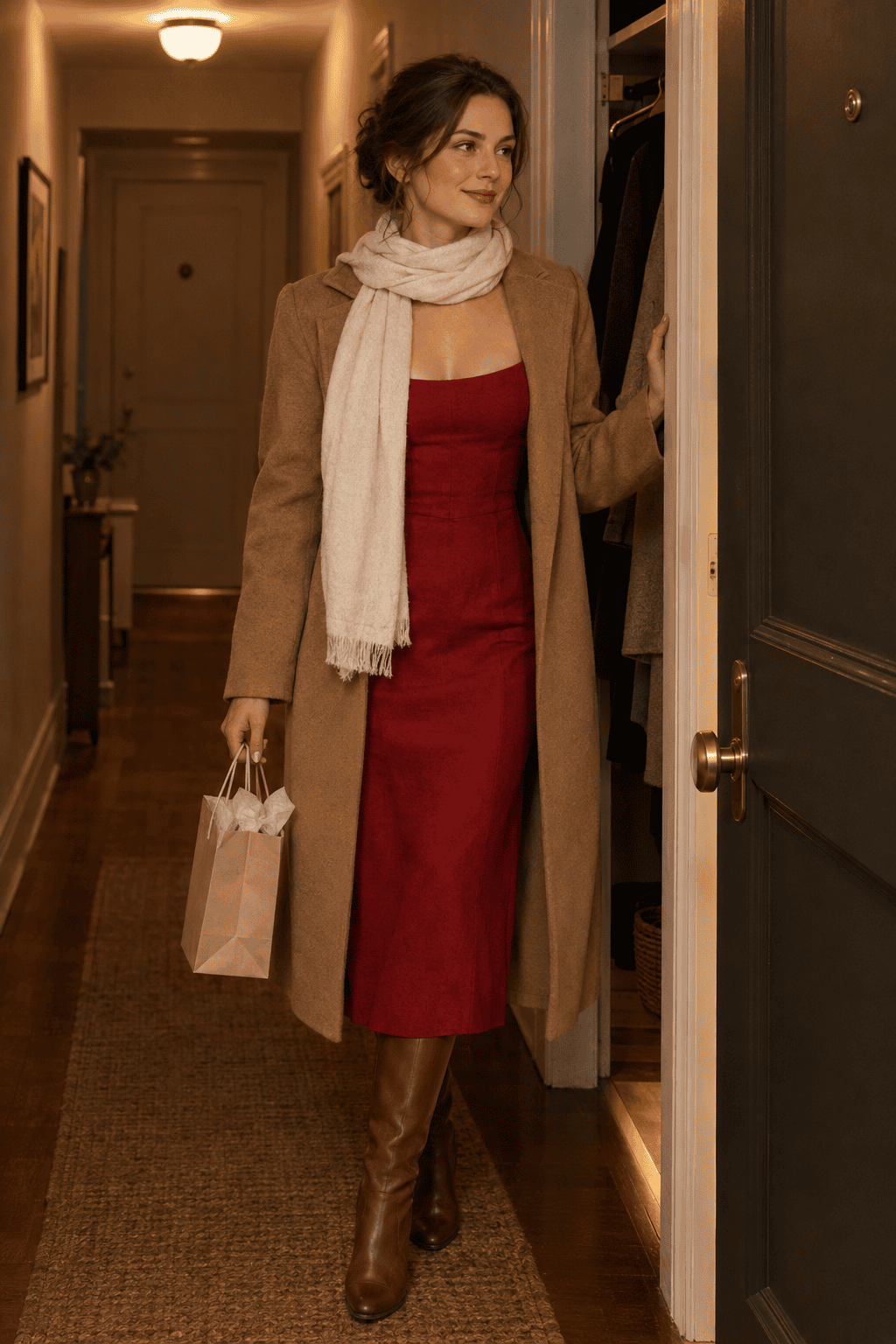 cool-weather linen outfit: Chile-red corset-bodice linen dress under a camel wool coat with an ivory scarf