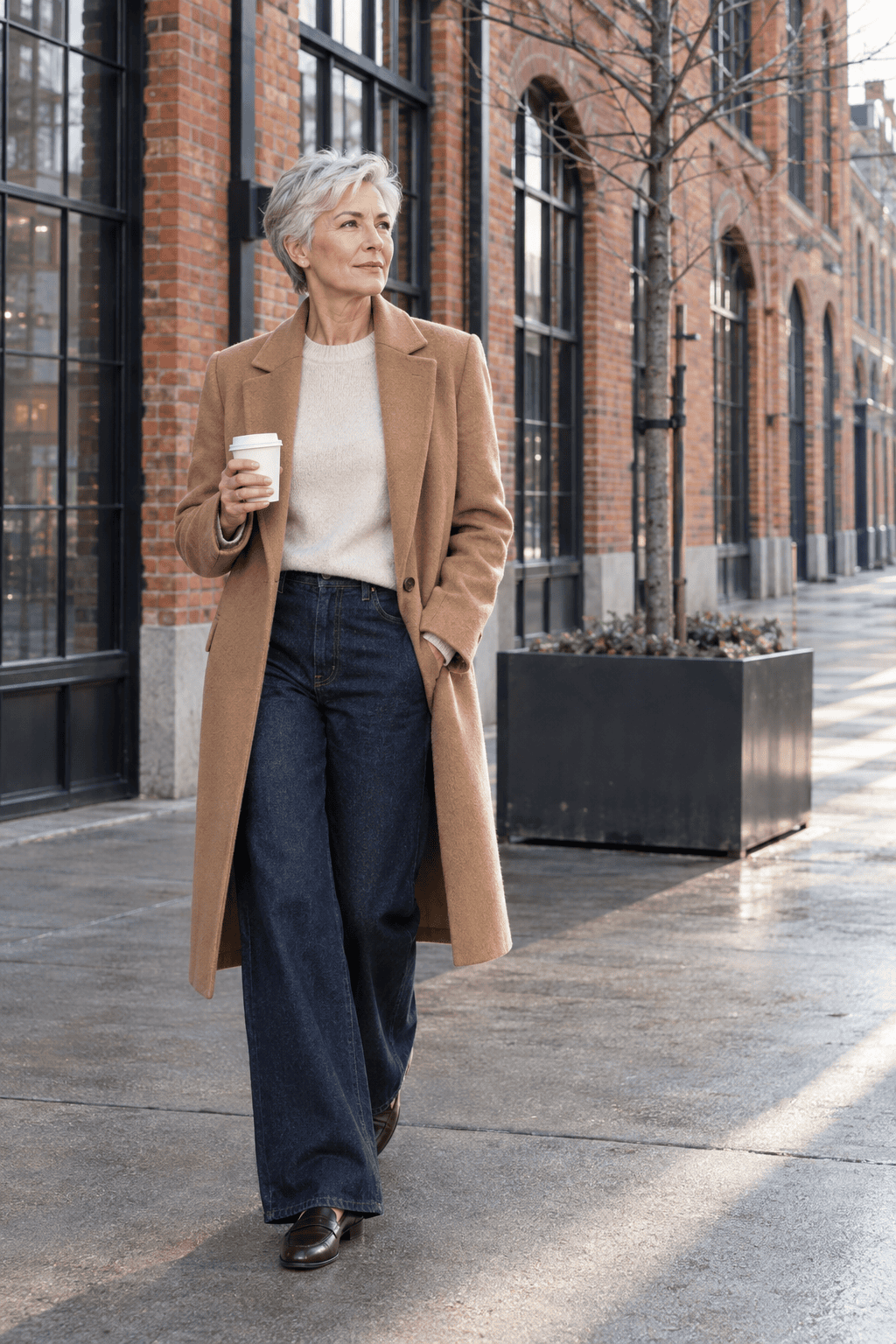 how to look modern over 60: woman in a camel coat, dark wide-leg jeans and loafers, classic shapes in current proportions