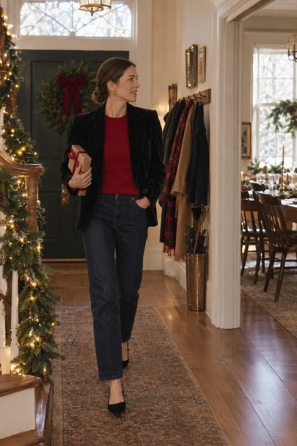 Christmas Day lunch outfit: black velvet blazer over a red cashmere sweater with dark indigo jeans and black suede slingback flats