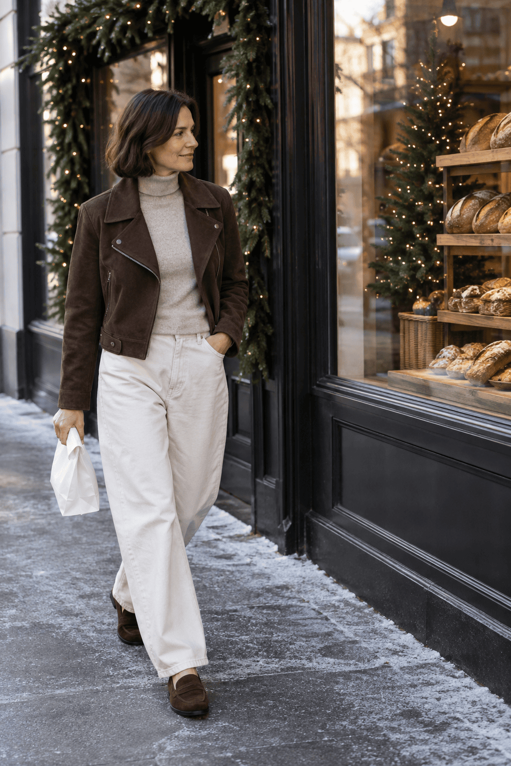 christmas brunch outfit for women over 40: chocolate faux suede jacket, beige merino turtleneck, ecru barrel jeans and dark brown suede loafers