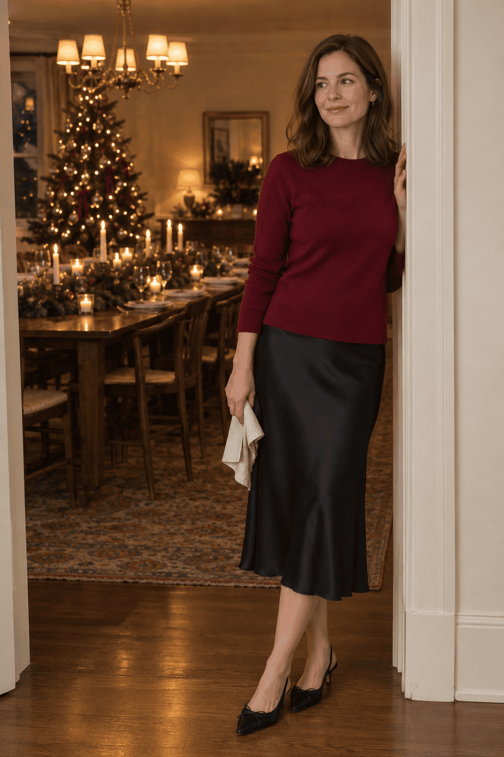 red sweater family Christmas dinner outfit: red cashmere crewneck worn over a black silk midi slip dress with the bias hem showing, and black satin slingbacks