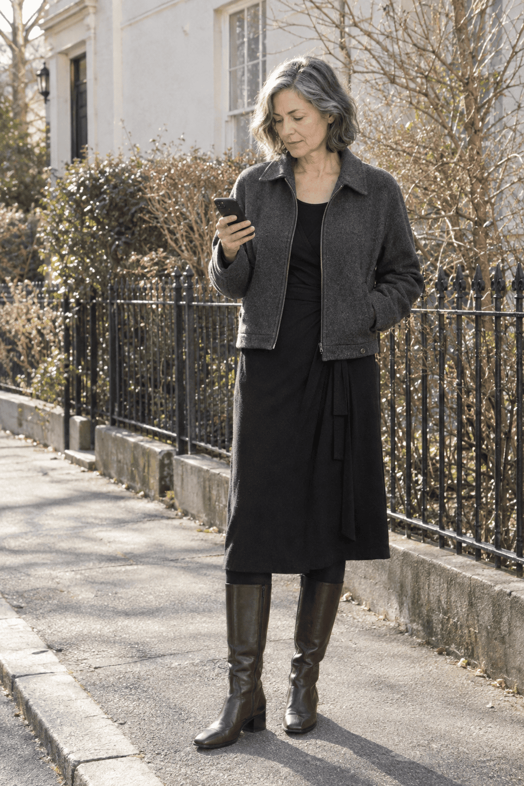 school pickup outfit for women over 60: dark grey wool short jacket over a black cashmere wrap dress with black tights and brown tall boots