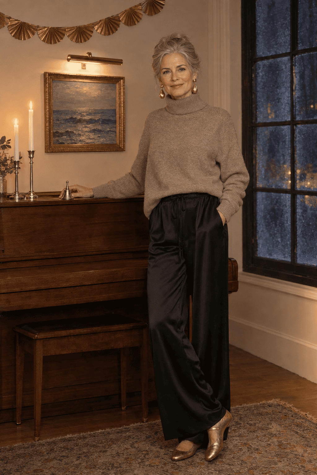 new years eve dinner party outfit for women over 60: taupe cashmere turtleneck, black silk wide-leg trousers, gold statement earrings and gold Mary Jane flats