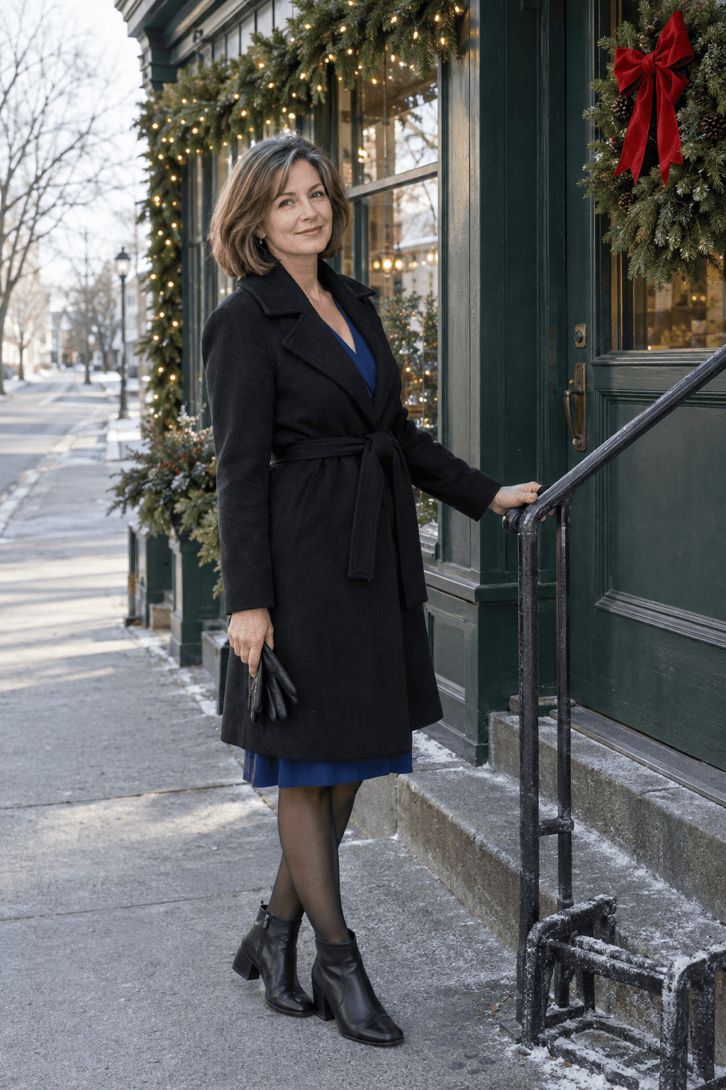 christmas dinner outfit for women over 50: sapphire blue jersey wrap midi dress under a black belted wool coat with black block-heel booties