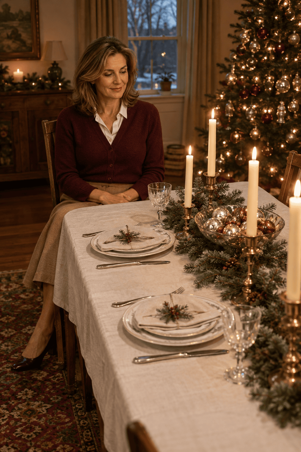 old money christmas: a woman lighting candles on a familiar holiday table set with the same heirloom ornaments and evergreen garland as every year