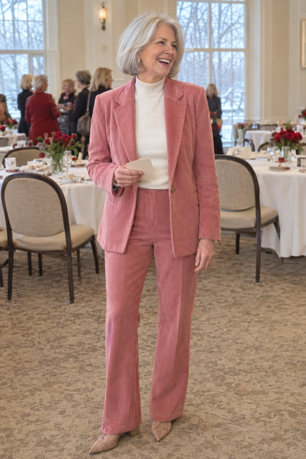 elegant valentines day outfit for older women: rose pink fine corduroy blazer and matching trousers with an ivory cashmere shell and nude suede pumps