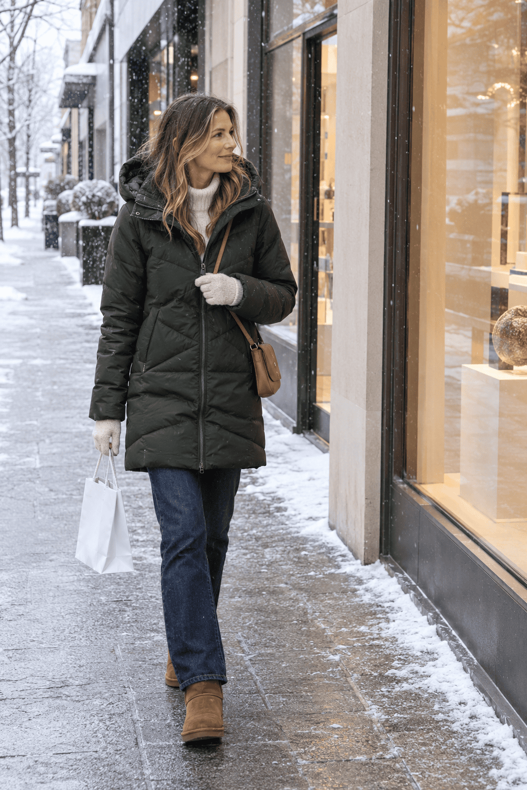 olive green quilted hooded parka with an ivory cashmere fisherman sweater, dark jeans and chestnut sheepskin boots on a snowy high street