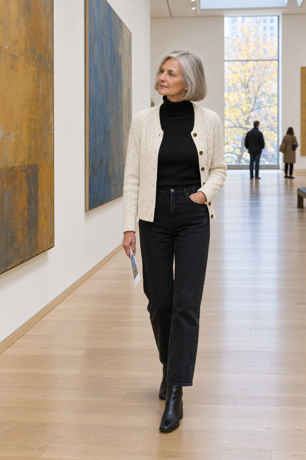 ivory cotton cable-knit cardigan worn open over a black ribbed turtleneck with black straight jeans and black leather ankle boots, an elegant casual outfit for women over 60