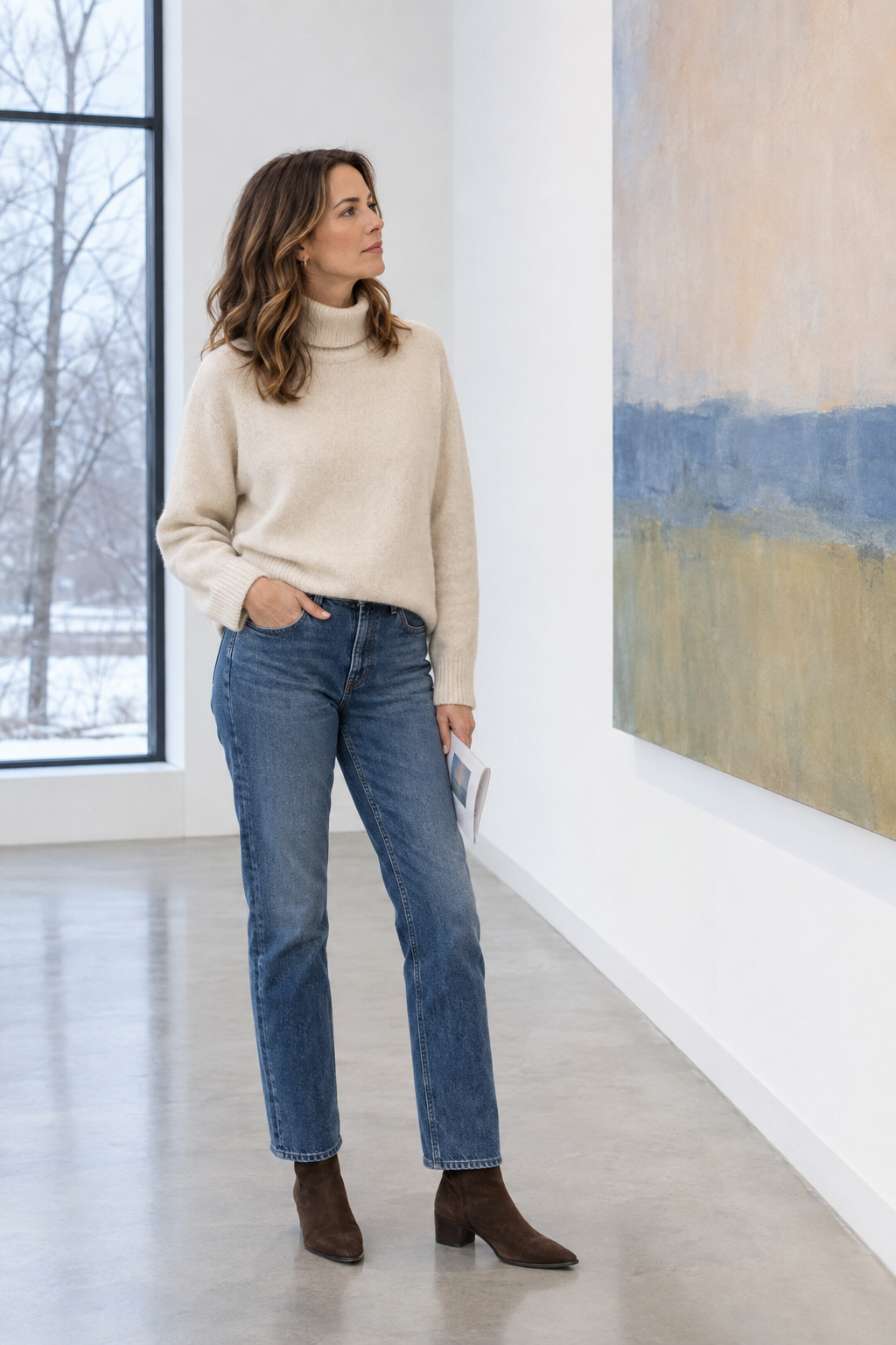 how to wear ankle boots with jeans in winter: medium indigo cropped straight jeans, cream cashmere turtleneck and chocolate suede ankle boots
