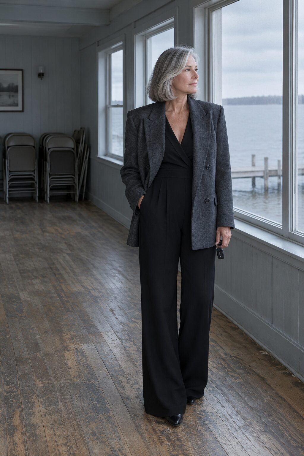 lakeside rehearsal dinner outfit for women over 50: black wide-leg jumpsuit under a long charcoal double-breasted blazer with black pointed flats
