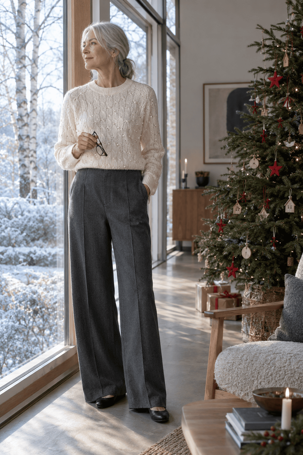 christmas open house outfit for older women: ivory pearl-embellished cable-knit sweater with charcoal grey wide trousers and black leather ballet flats
