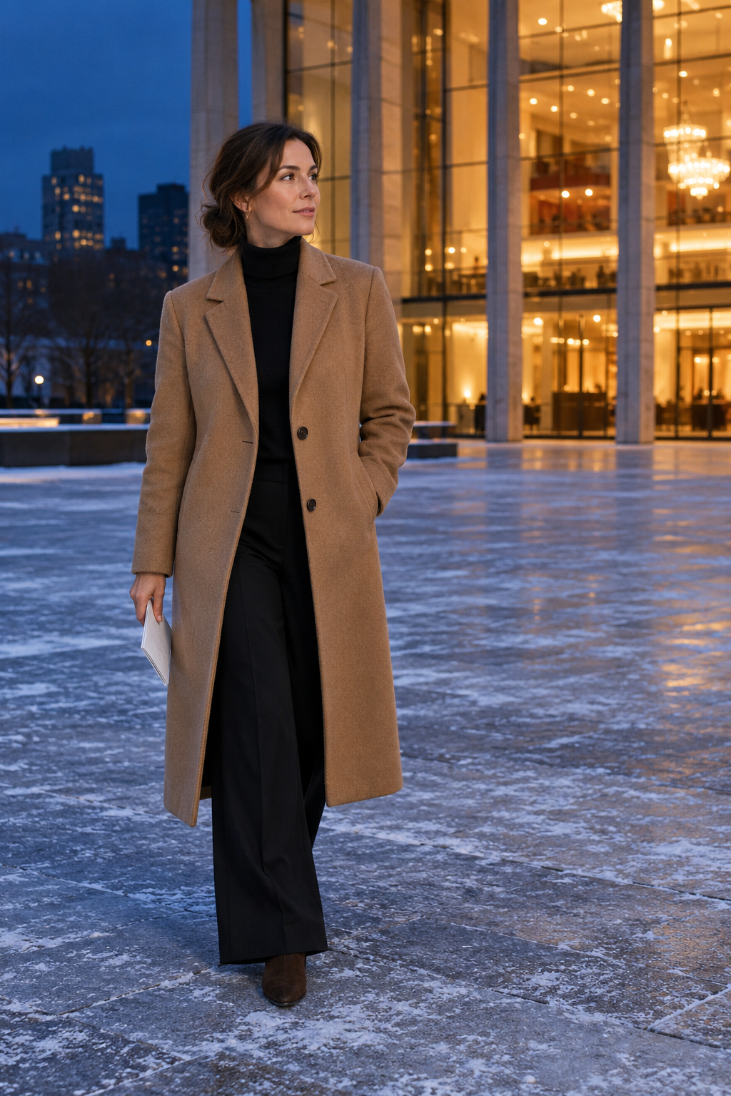 theater night winter outfit: camel coat over black turtleneck and black wide-leg trousers with chocolate suede ankle boots