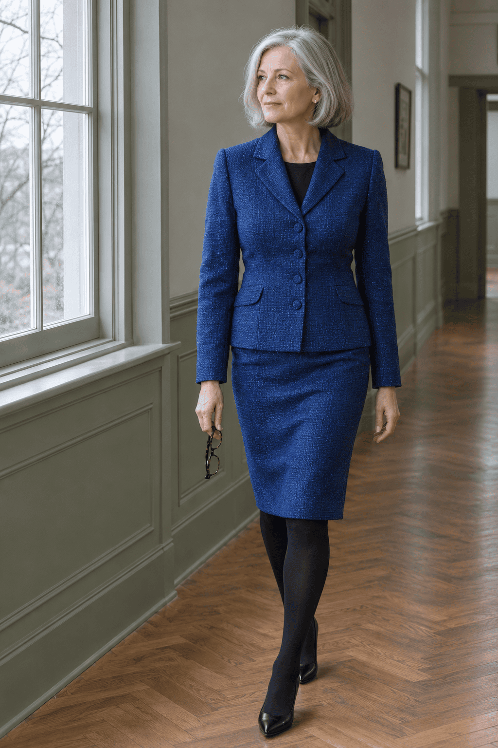 mother of the bride registry office winter wedding outfit: sapphire shimmer jacquard blazer with matching knee-length pencil skirt, black tights and black leather pointed pumps