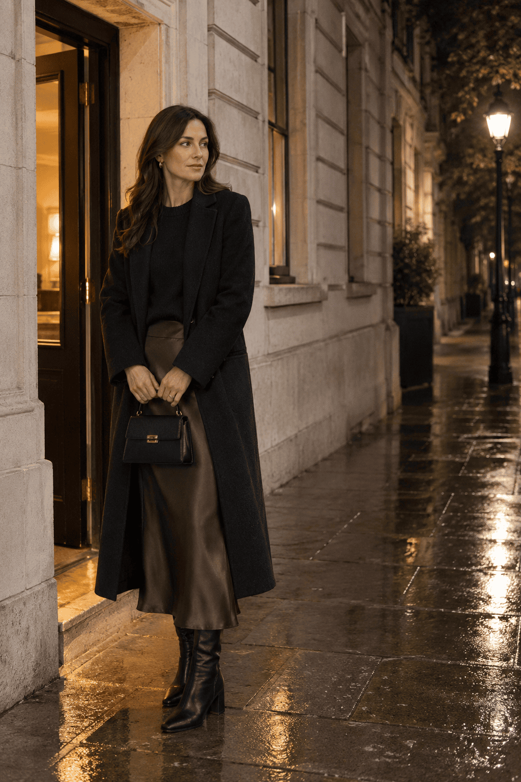 London winter outfit for dinner: long black tailored coat, black cashmere sweater, chocolate brown silk midi skirt and black block-heel leather boots