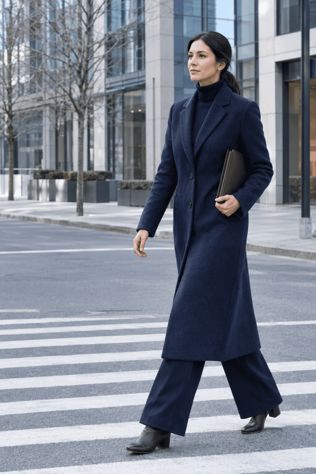 head to toe navy winter office outfit: navy cashmere turtleneck, navy wide-leg trousers and a long navy wool topcoat