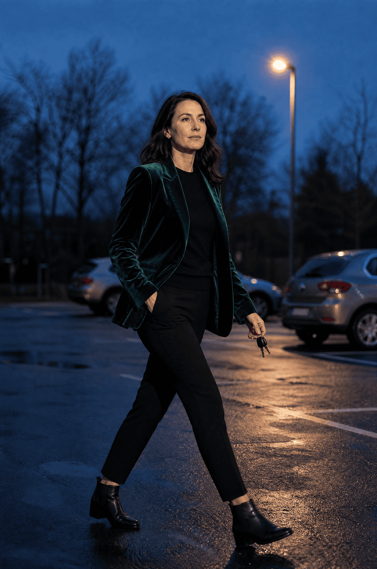 winter concert teacher outfit: deep emerald velvet blazer over a black cashmere crewneck with black slim ponte trousers and black low-heel ankle boots