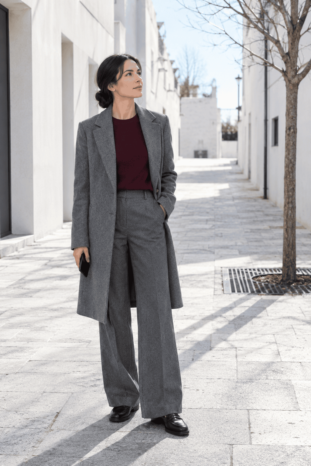 old money winter color combination burgundy and grey: burgundy cashmere crewneck sweater, mid-grey wool flannel trousers and black leather loafers