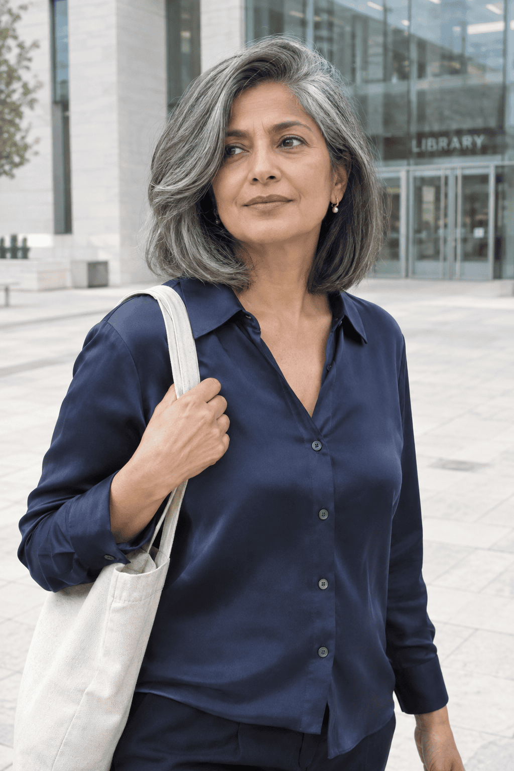 elegant hairstyles for women over 60: side-swept long bob with a deep side part