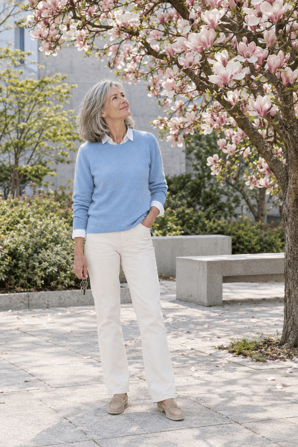 spring coffee outfit for women over 60: sky blue cotton crewneck sweater over a white linen shirt collar with ecru straight jeans and sand suede penny loafers