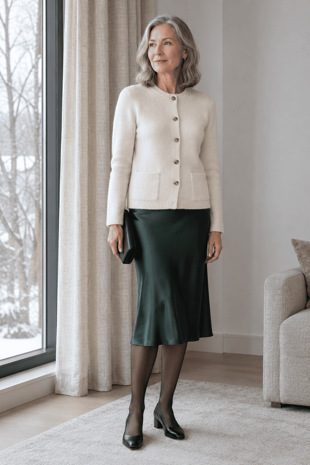 evening cardigan outfit over 60: ivory structured cashmere cardigan buttoned over a forest green bias-cut silk skirt that falls just below the knee