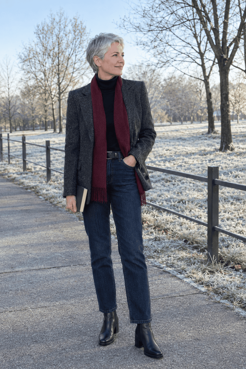 elegant winter outfit for women over 50: dark grey heathered tweed blazer over a black merino turtleneck, dark indigo straight jeans and black ankle boots